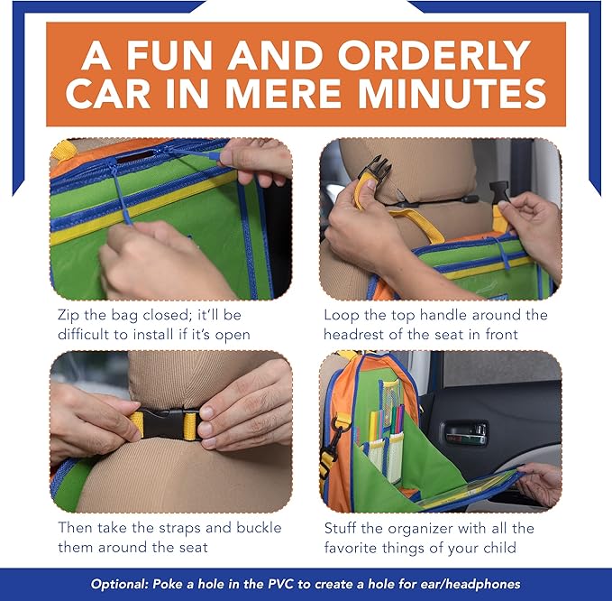 Car Organizer Back Seat for Kids & Tablet Holder for Car with Kick Mats & Lap Tray – Car Accessories Interior Must Have Road Trip Essentials (Age 3+) – Fold Away Tray with Car Seat Pocket Holders