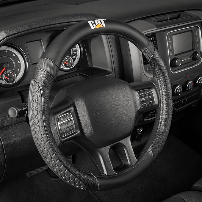 CAT® DuraGrip Car Steering Wheel Cover, Black Tire Tread Traction Design, Auto Steering Wheel Cover for Cars Trucks Vans SUVs, Improve Grip and Control, Durable Comfortable - Large 15"-16" Inches