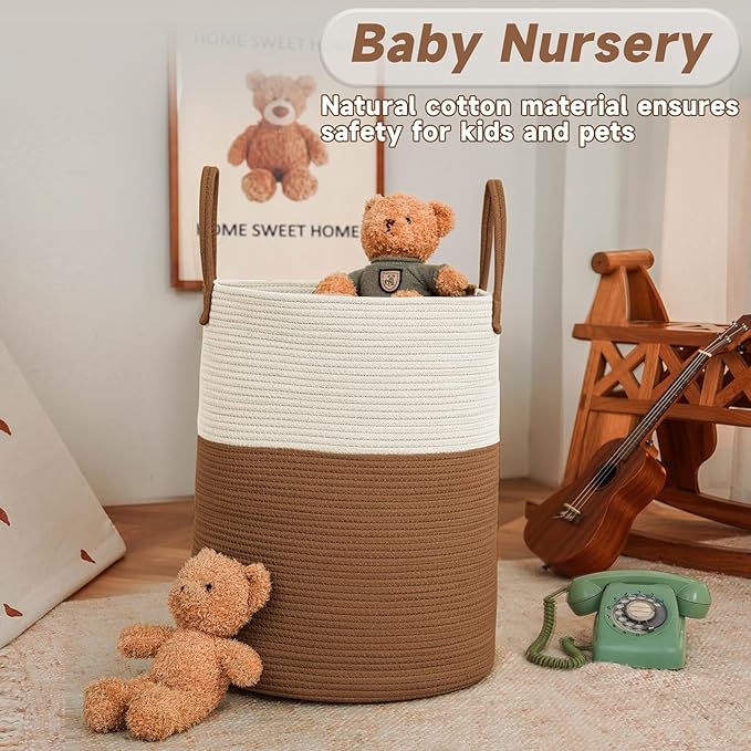 JMvicyroam Large Woven Laundry Basket Hamper,80L Cotton Rope Storage Bin for Blankets,Toys and Clothes,Decorative Tall Nurser