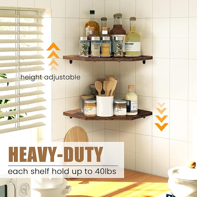 Fun Memories Corner Shelf Wall Mount, Floating Corner Shelves, Set of 4 Corner Wall Shelf Organizer, Rustic Wood Wall Storage
