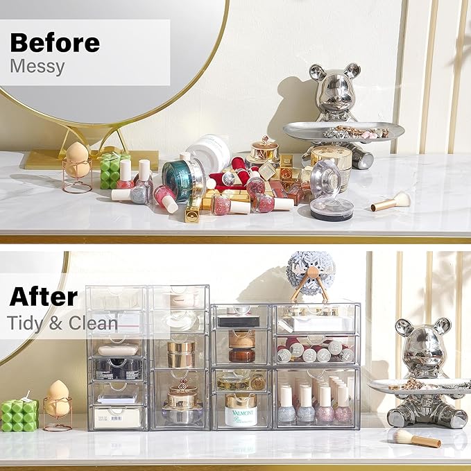Prsildan Acrylic Drawer Organizer with 17 Drawers, Craft Office Desk Makeup Organizers Accessories, Set of 4 Clear Stackable 