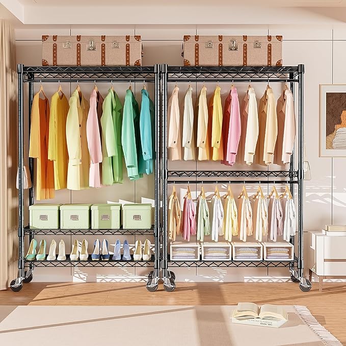 M MZG Heavy Duty Rolling Garment Rack 3 Tiers Adjustable Wire Shelving Clothes Rack with Rods and Side Hooks,Storage Closet C