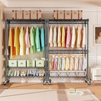 M MZG Heavy Duty Rolling Garment Rack 3 Tiers Adjustable Wire Shelving Clothes Rack with Rods and Side Hooks,Storage Closet C
