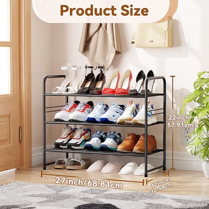 Shoe Organizer for Closet, Metal Shoe Shelf Rack Stackable 3 Tier 27 Inch Wide for Entryway, Adjustable, Black