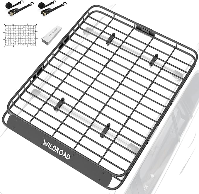 WILDROAD Roof Rack Cargo Basket, Upgraded 4” Fence Wide Car Roof Basket, 64"x 50"x 4" Universal Car Top Carrier Basket with Super Duty Bungee Cargo Net and Ratchet Straps Fits for SUV Truck Cars