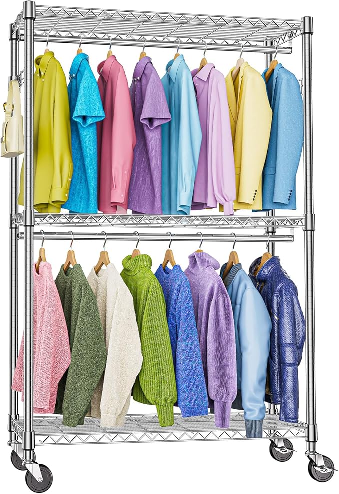 M MZG Heavy Duty Rolling Garment Rack 3 Tiers Adjustable Wire Shelving Clothes Rack with 2 Rods and Side Hooks,Storage Closet