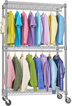 M MZG Heavy Duty Rolling Garment Rack 3 Tiers Adjustable Wire Shelving Clothes Rack with 2 Rods and Side Hooks,Storage Closet