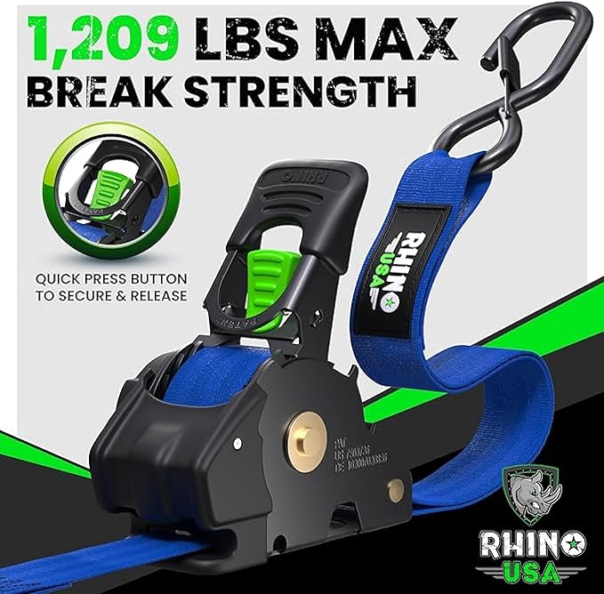 Rhino USA Retractable Ratchet Straps (2-Pack) - 1 Inch x 10 Feet (1,209lb Break Strength) - Auto Self Retracting Tie Down Straps for Truck, Cargo Trailer, Motorcycle, ATV, UTV - Blue