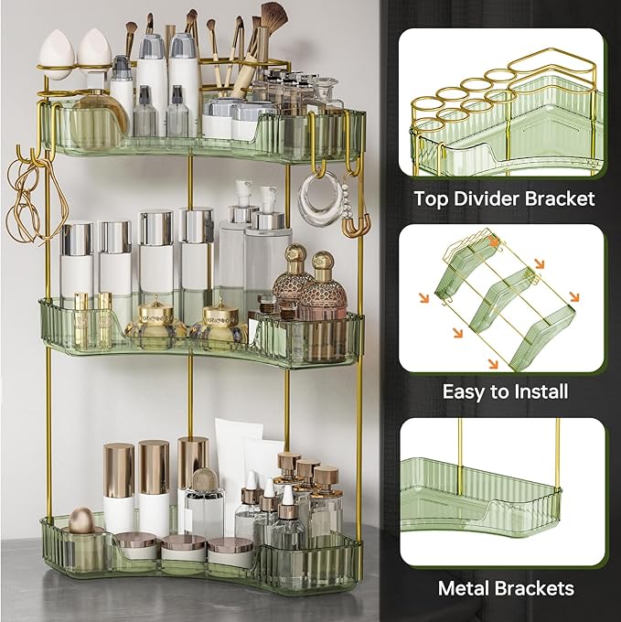 3-Tier Corner Bathroom Counter Organizer，Makeup & Skincare Shelf with Built-in Brush Holder，Space-Saving Bathroom Countertop 