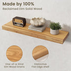 Fun Memories Solid Elm Wood Floating Shelves Set of 2-32 Inch Rustic Wall Shelves with Heavy-Duty Invisible Brackets - for Li