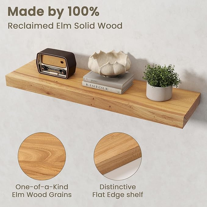 Fun Memories Solid Elm Wood Floating Shelves Set of 2-32 Inch Rustic Wall Shelves with Heavy-Duty Invisible Brackets - for Li