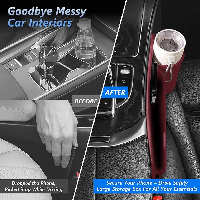 Car Seat Gap Filler Organizer 2 Pack, Car Seat Organizer with Cup Holders, 3-in-1 Removable Auto Organizer for Women, Universal Fit SUV Truck Fill The Gap Between Seats & Console (Red)