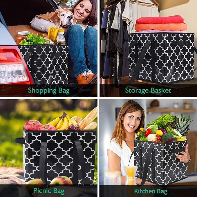 WISELIFE Reusable Grocery Bags 6-Pack Foldable Washable Large Storage Bins Basket Water Resistant Shopping Tote Bag Black