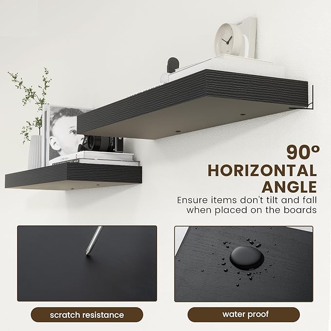 Deep Floating Shelves | 36 Inch Black Floating Shelves Set of 2 | 12 Inch Deep Rustic Wood Shelves for Wall | 36" W x 12" D B