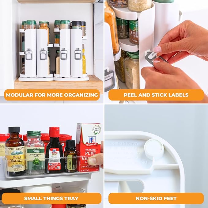 Cabinet Caddy SNAP! Spice Rack Organizer for Cabinet - Slide & Rotate Seasoning Organizer - 4 Snap-In Adjustable Shelves for 