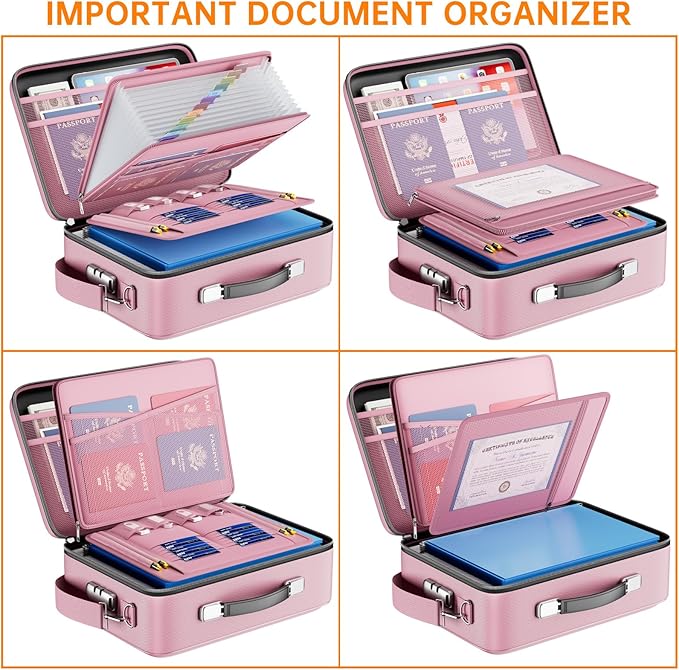 DocSafe Fireproof Document Box with Lock＆Shoulder Strap,Hard Case File Organizer with Accordion File Folder,Multi-Layer Porta