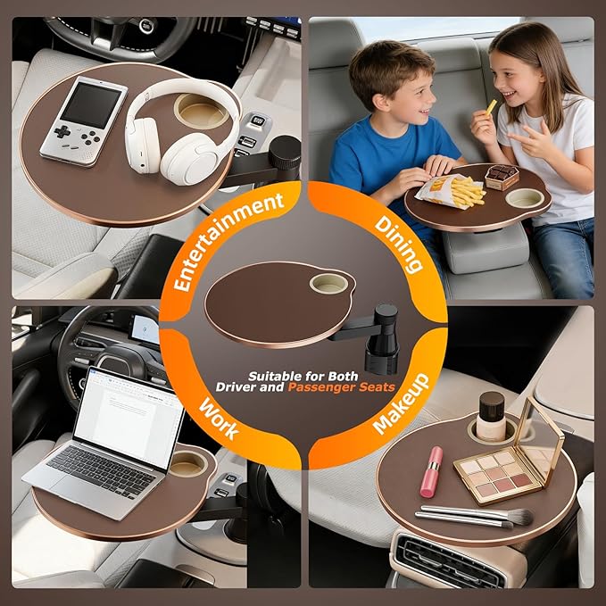 Car Tray Cup Holder Desk, 360° Rotating PU Leather Food Car Table - Steering Wheel Tray Road Trip Essentials Accessories for Tesla Model Y/3/S, Ford F150 Most Vehicles