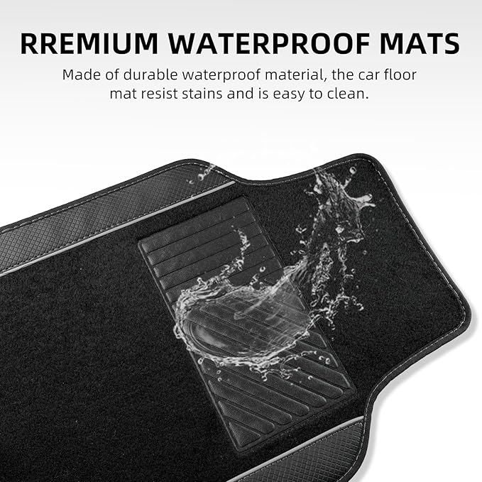 NBTEPEM Microfiber Steering Wheel Cover and Waterproof Car Floor Mats, Universal Fit Most Truck, SUV, Cars, 14.5-15inch Sporty Steering Wheel Covers with Anti-Slip Lining (Black with Gray line)