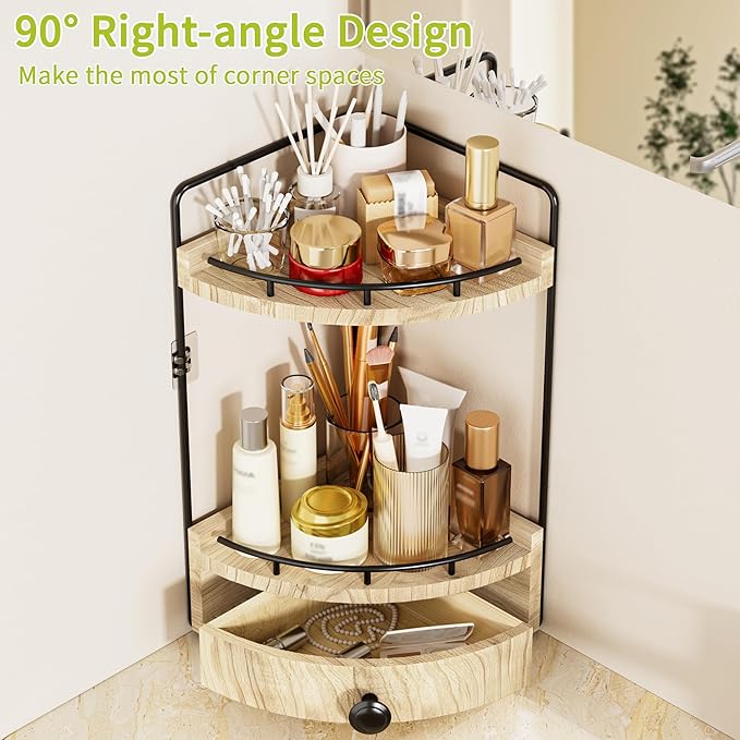 2-Tier Corner Bathroom Counter Organizer with Drawer & Embedded Screw Holes - Wooden Countertop Organizers for Skincare, Make
