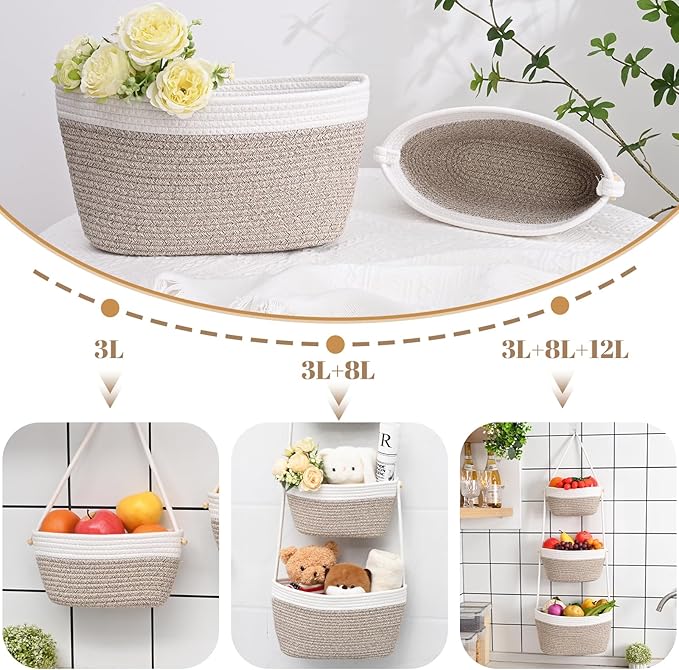 Hanging Storage Baskets, Over the Door Basket, Cotton Wall Baskets Storage, Hanging Door Basket with 4 Hooks
