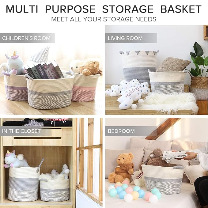 Hinwo Oval Cotton Rope Storage Basket Collapsible Nursery Storage Box Container Organizer with Handles, 13 x 10 inches, Off W