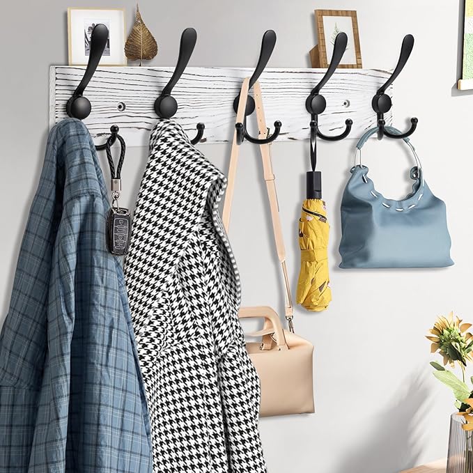 Kuhome 2pcs Coat Rack Wall Mount Wooden Hat Rack for Wall Hooks Pine Real Wood Plank 16.9" Old White Coat Hanger with 5 Black