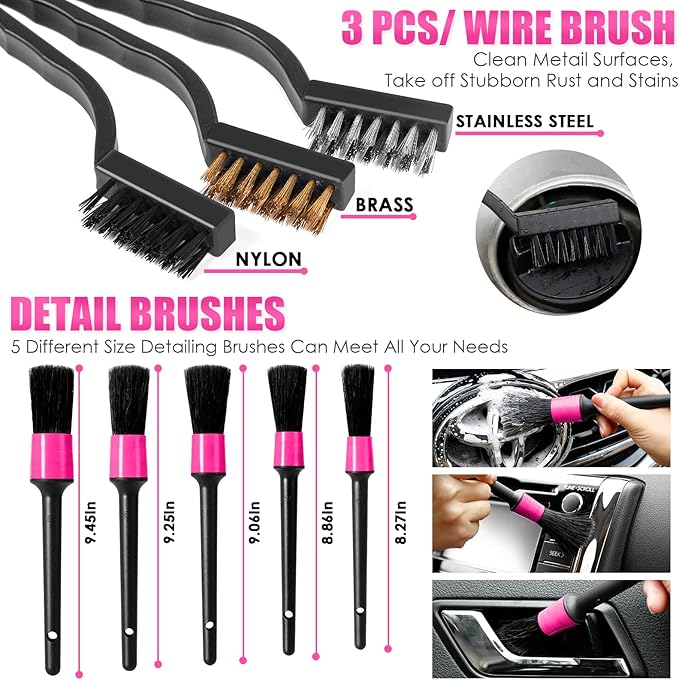 Viewsun 17pcs Car Cleaning Kit, Pink Car Interior Detailing Kit with High Power Handheld Vacuum, Detailing Brush Set, Windshi