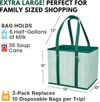 Reusable Grocery Bags (3 Pack) – Heavy Duty Reusable Shopping Bags for Groceries with Box Shape to Stand Up, Stay Open, Fold Flat – Large Tote-Bag is Foldable with Long Handles & Hard Bottom (Green)
