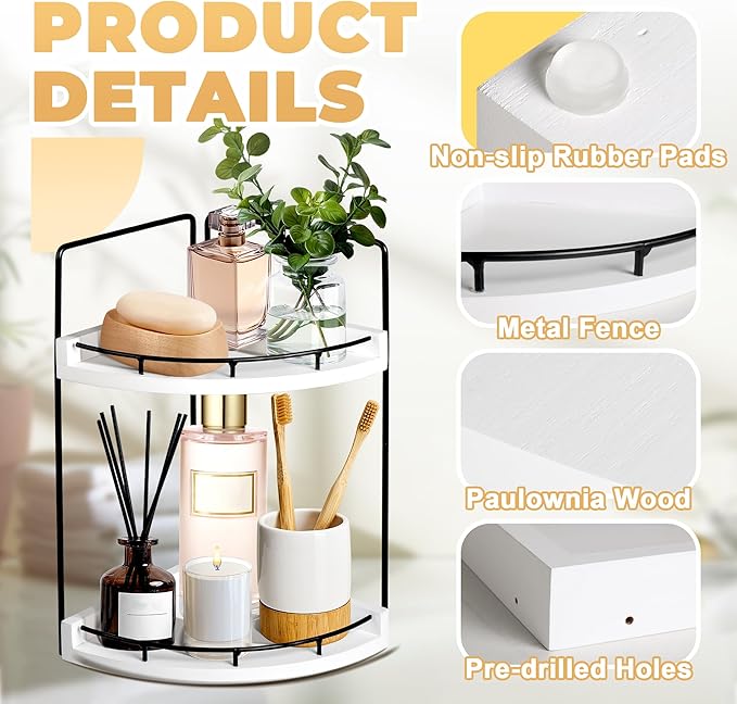 2 Tier Bathroom Counter Organizer, Bathroom Counter Tray and Vanity Organizer, Wood Corner Countertop for Kitchen, Dresser (W