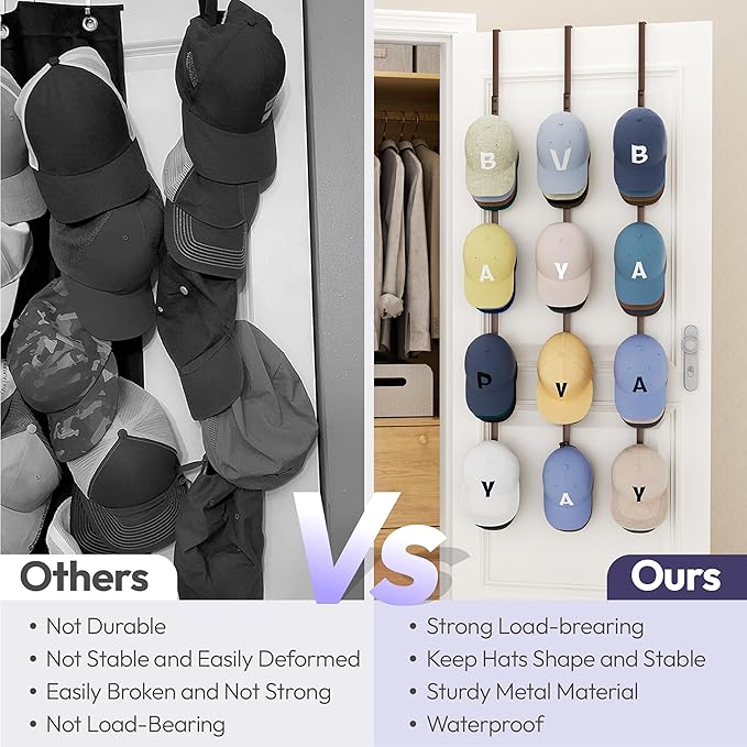 SWTYMIKI Over Door Hat Rack - 3 Packs Metal Hanging Hat Organizer with 12 Hooks Design, Baseball Cap Hanger Organizer Storage