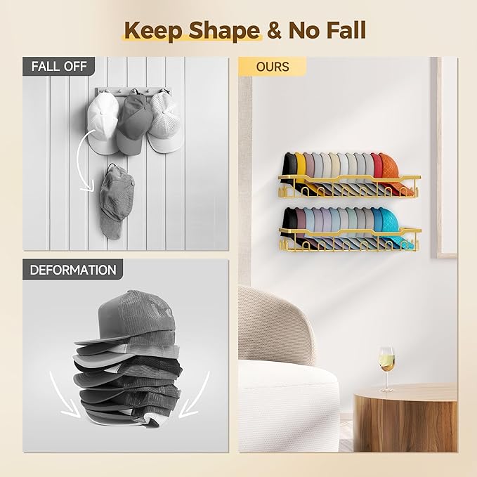 Nicetree Hat Racks for Baseball Caps Wall - Metal Hat Organizer for 48 Baseball Caps Holder, 2 Pack Hat Storage Organizer for