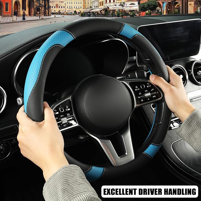 Microfiber Leather D Shaped Steering Wheel Cover, Breathable, Anti Slip, 13.5 inch to 14 inch, Black with Blue