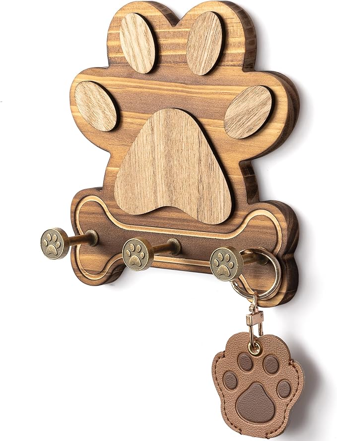MTERSN Pine Wood Dog Leash Holder for Wall – Cute Hooks for Dog Leash Hanger & Key Holder for Entryway, or Living Room – Rust