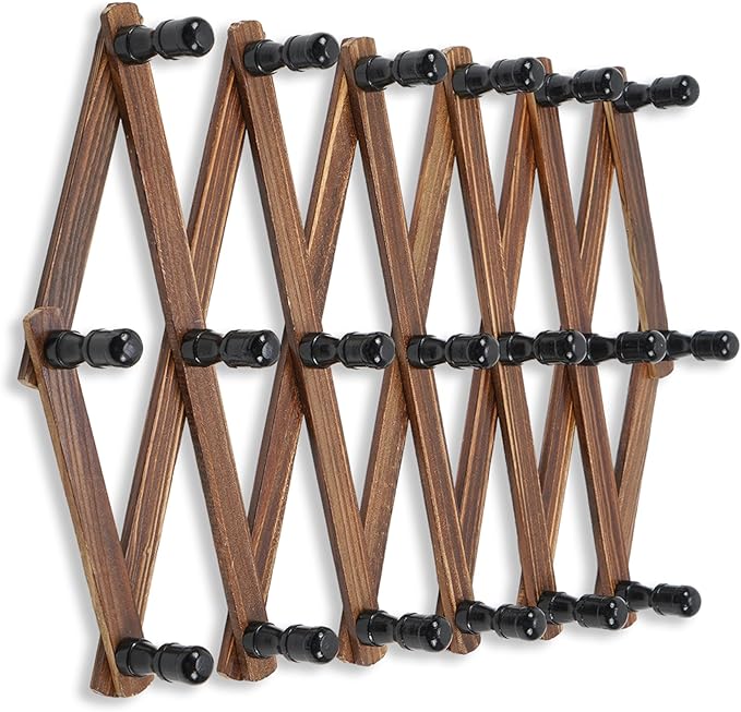 WGFKVAS Expandable Coat Rack, Accordion Wall Hangers, 19 Hooks Wooden Hat Rack Wall Mounted, Hat Hooks for Keys, Coffee Mug, 