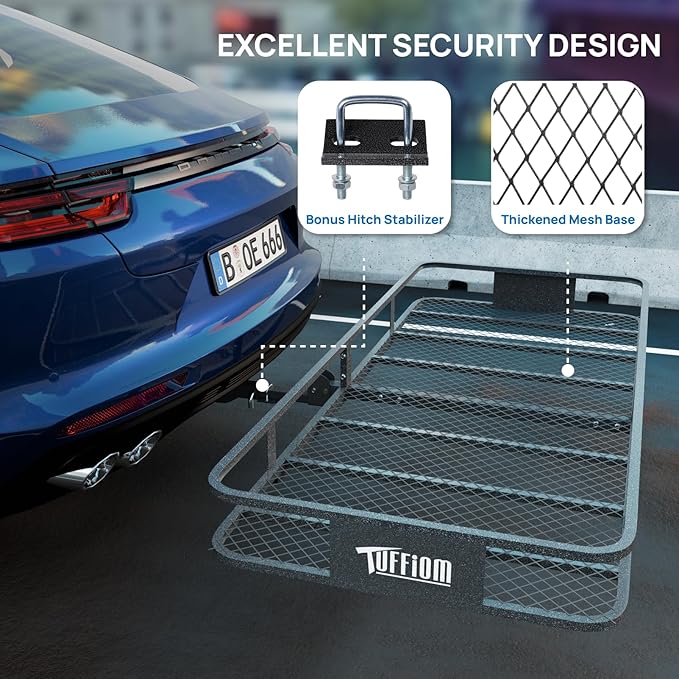 TUFFIOM 70"x30"x6" Folding Hitch Mount Cargo Carrier Basket, 500lbs Steel Car Cargo Trailer Hitch Luggage Rack, w/Straps+Stabilizer for SUV Truck Van