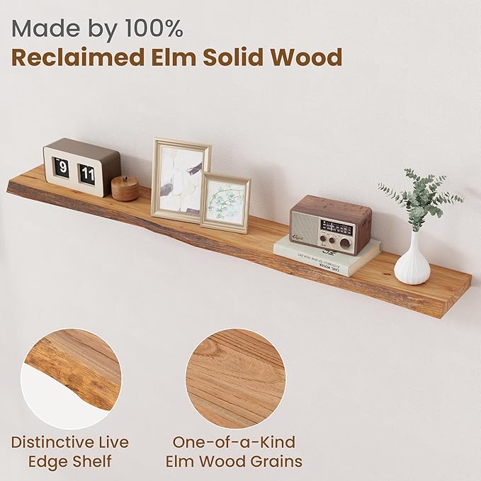 Floating Shelves for Wall Decor, Rustic Solid Elm Wood Live Edge Floating Shelves Wall Mounted, Wall Shelves with Invisible B