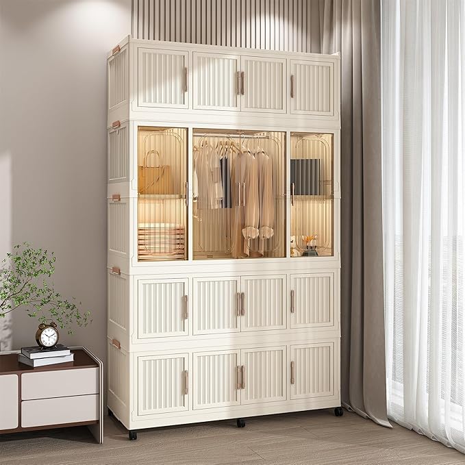 Portable Wardrobe Closet Storage Organizer, Plastic Collapsible Closet Organizer with Transparent Magnetic Door, for Living R