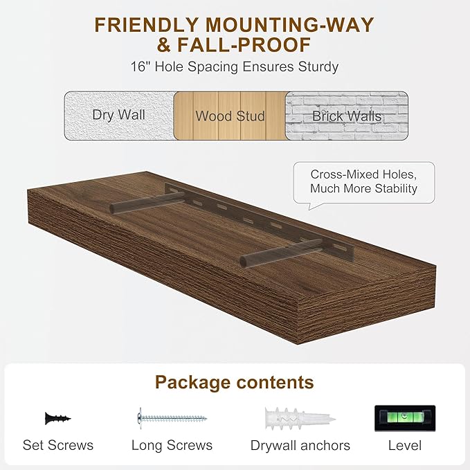 Fun Memories 30Inch Floating Shelves for Wall, 2 Pack Rustic Wood Shelves for Bathroom|Kitchen Wall Mounted Floating Shelf wi