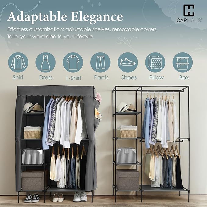 CAPHAUS 44-Inch Clothing Rack with Cover, Portable Closet Wardrobe, Covered Garment Rack for Hanging Clothes, 230LB Capacity 