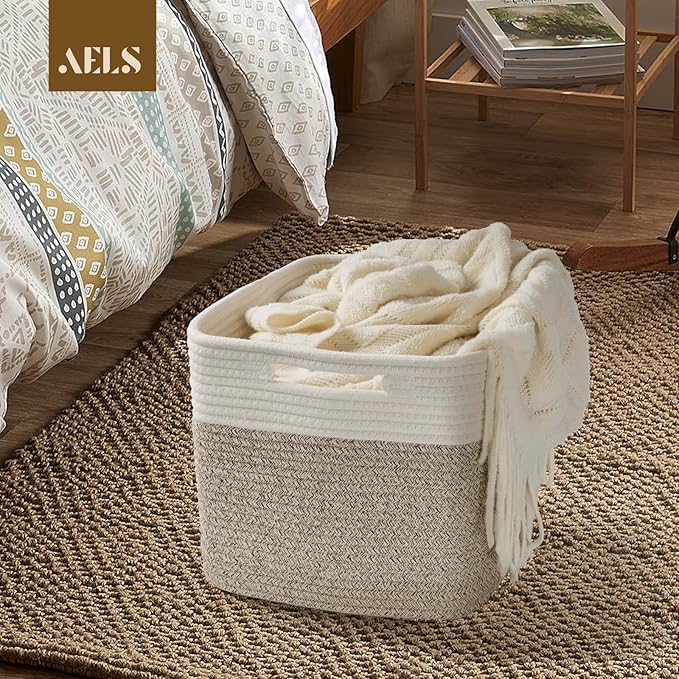 AELS Hand Woven Cotton Baskets for Storage, Cube Storage Bins with Handles, Foldable Collapsible Closet Organizers and Storag