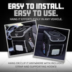 Eco Hygieia Leakproof Car Trash Can - Portable Hanging Car Garbage Can with Adjustable Elastic Strap, Wipes & Tissue Box Holder, Spillproof Opening, Mesh Pockets, Waterproof Lining