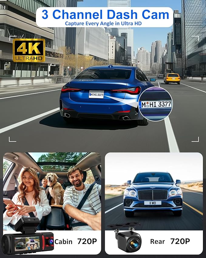 3 Channel Dash Cam Front and Rear Inside, 4K+720P+720P Dashcam, 5GHz WiFi GPS Dash Camera for Cars with 64GB Card, 24H Parkin