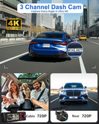 3 Channel Dash Cam Front and Rear Inside, 4K+720P+720P Dashcam, 5GHz WiFi GPS Dash Camera for Cars with 64GB Card, 24H Parkin