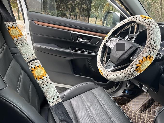 Handmade Crochet Sun Moon Car Steering Wheel Covers Universal 14-15 inch,Cute Steering Wheel Cover,Car Accessories (Steering Wheel Cover+2 Belt Cover)