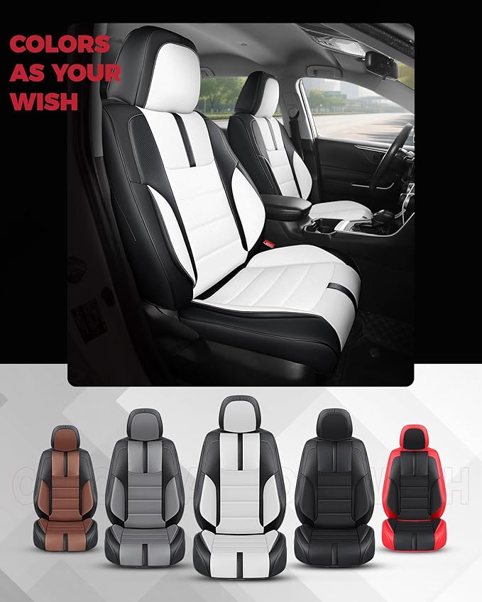 FREESOO Black White Front Car Seat Covers - Faux Nappa Leather Seat Covers for Cars, with Carbon Fiber Texture Seatbelt Pads,