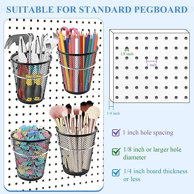 6 Sets Pegboard Cups with Ring, Metal Pegboard Bin with Hooks, Black Multipurpose Pegboard Organizer Accessories Pencil Holde