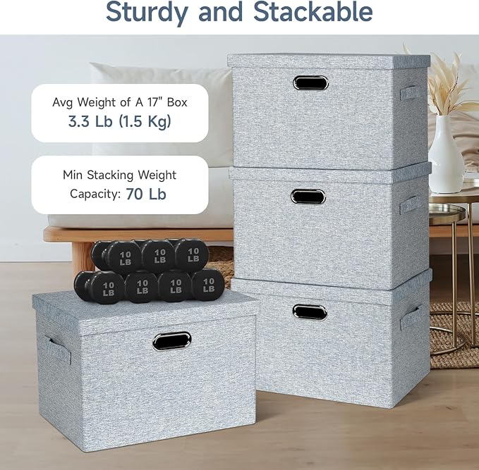 Graciadeco Large 17" 36 Quart Collapsible Stackable Storage Bins with Lids, 3 Packs Blue-Grey Linen Fabric Closet Boxes with 