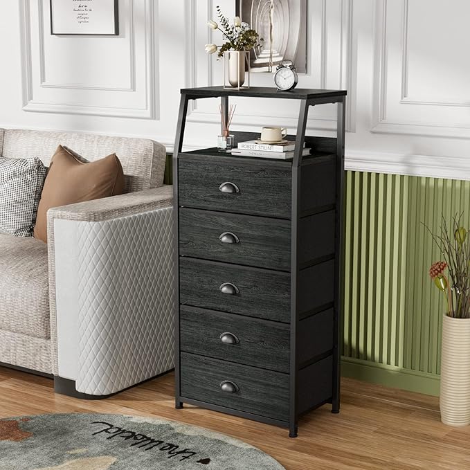 Furnulem Black Dresser with 5 Drawers, Vertical Storage Tower Fabric Dresser for Bedroom, Hallway, Entryway, Nursery, Closet 