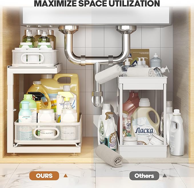 2-Pack Under Sink Storage Organizer with 2-Tier Slide Out Drawer, Sophisticated Mesh Pull Out Shelf for Kitchen & Bathroom, F