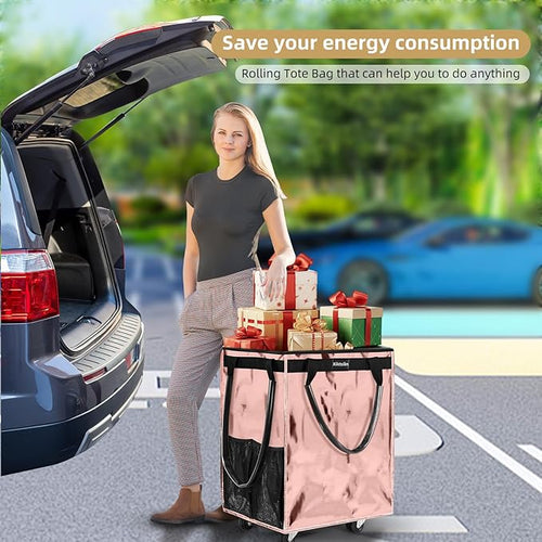 (Medium, Rose Gold) Reusable Grocery Bag on 4 Wheels, Foldable Rolling Tote Carries Up to 66lb Shopping Trolley, Rolling Bag with 3 Handles, Zipper Clouser Rolling Tote Bag with Wheels for Laundry